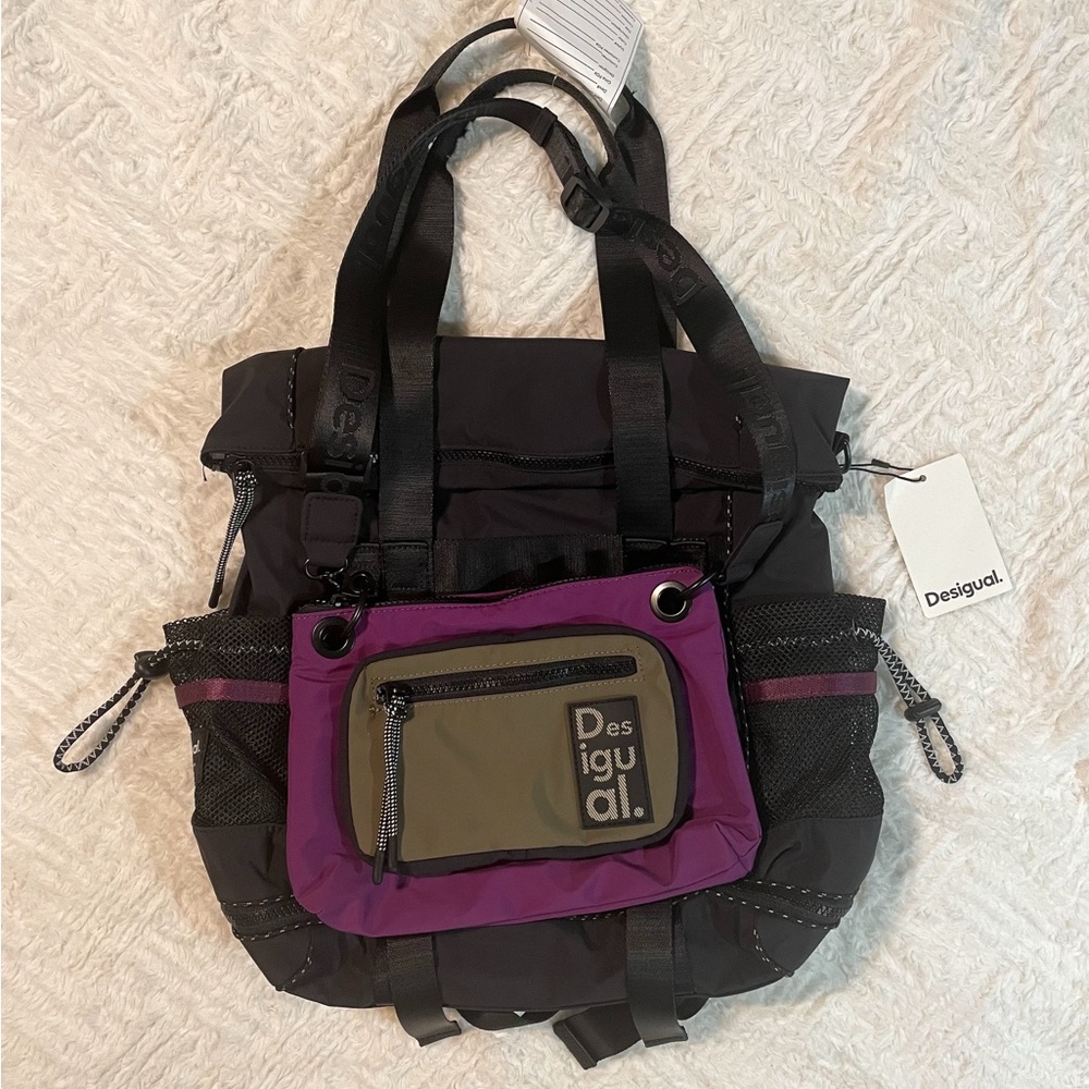 NWT Desigual Black and Purple Backpack with Olive Accents